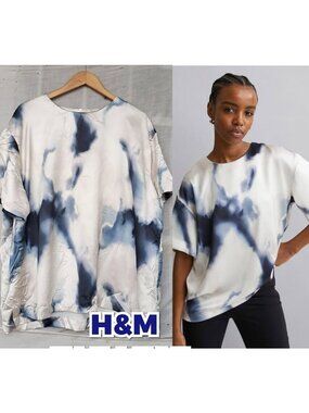 H&M Satin Tie-Dye Top Blouse Size Medium Short Sleeve Blue White Pattern